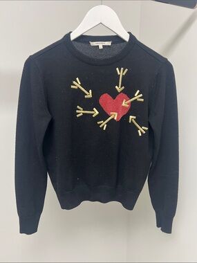 Carven Black Crewneck Sweater with Red Heart and Gold Arrows